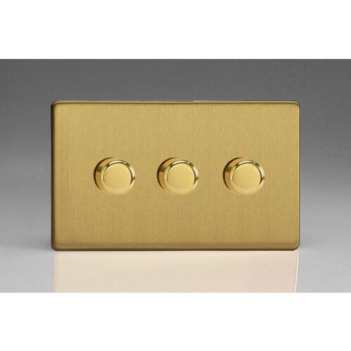 Varilight Screwless 3-Gang 2-Way Push-On/Off Rotary LED Dimmer 3 x 0-120W (1-10 LEDs) (Twin Plate) V-Pro Brushed Brass Brass Knobs Varilight Screwless 3-Gang 2-Way Push-On/Off Rotary LED Dimmer 3 x 0-120W (1-10 LEDs) (Twin Plate) V-Pro Brushed Brass Brass Knobs