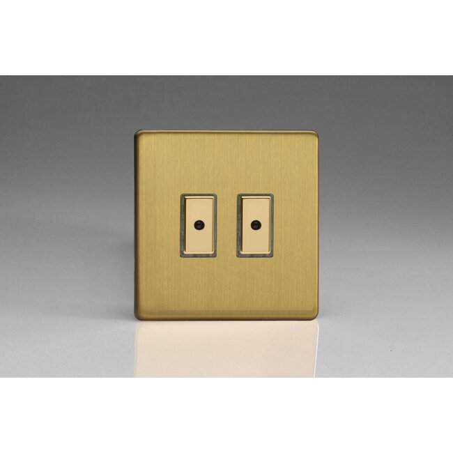 Varilight Screwless 2-Gang 1-Way V-Pro Multi-Point Remote/Tactile Touch Control Master LED Dimmer 2 x 0-100W (1-10 LEDs) V-Pro Multi-Point Remote (formerly Eclique2) Brushed Brass Brass Buttons