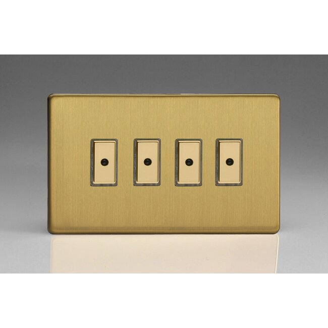 Varilight Screwless 4-Gang 1-Way V-Pro Multi-Point Remote/Tactile Touch Control Master LED Dimmer 4 x 0-100W (1-10 LEDs) (Twin Plate) V-Pro Multi-Point Remote (formerly Eclique2) Brushed Brass Brass Buttons