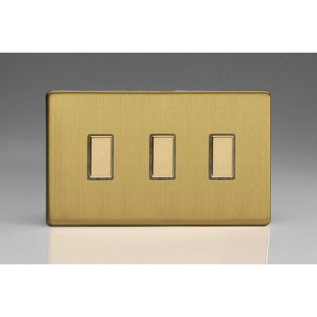 Varilight Screwless 3-Gang Tactile Touch Control Dimming Supplementary Controller for use with Multi-Point (formerly Eclique2) Master on 2-Way Circuits (Twin Plate) V-Pro Multi-Point (formerly Eclique2) Brushed Brass Brass Buttons
