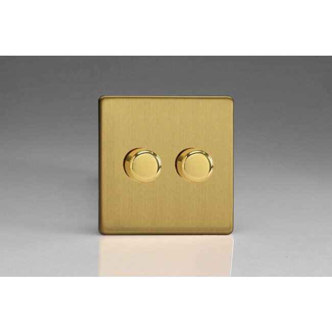 Varilight Screwless 2-Gang V-Pro Smart Master Non-WiFi Dimmer 2 x 100W LED (Multi-Way with up to 2 Supplementary Controllers) V-Pro Smart Brushed Brass Brass Knobs