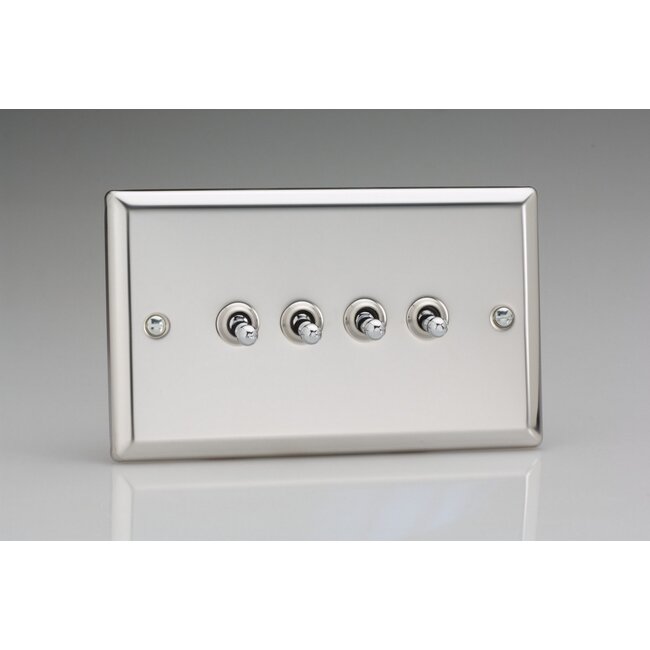 Varilight Classic 4-Gang 10A 1- or 2-Way Toggle Switch (Twin Plate) Decorative Mirror Chrome Chrome Toggles