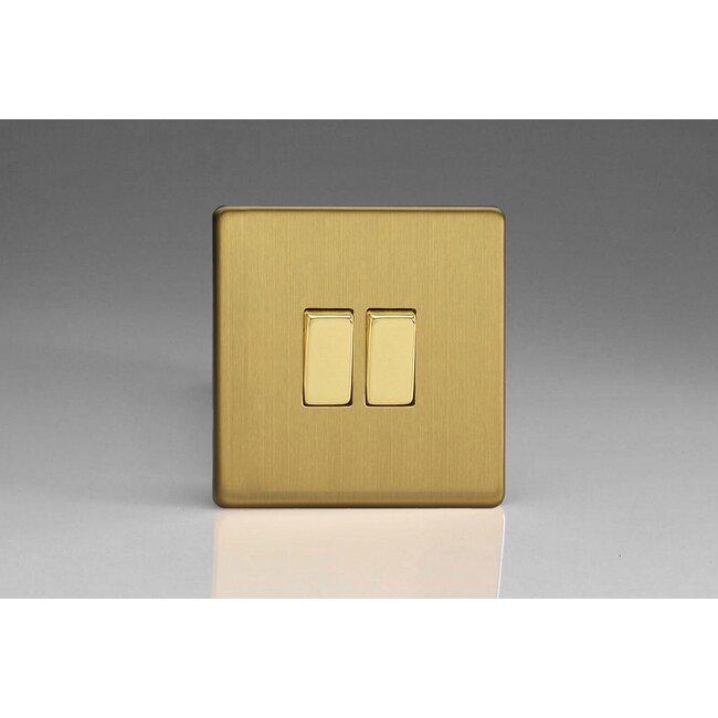 Varilight Screwless 2-Gang 10A 1- or 2-Way Rocker Switch Decorative Brushed Brass Brass Rockers