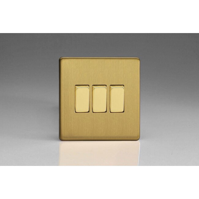 Varilight Screwless 3-Gang 10A 1- or 2-Way Rocker Switch Decorative Brushed Brass Brass Rockers