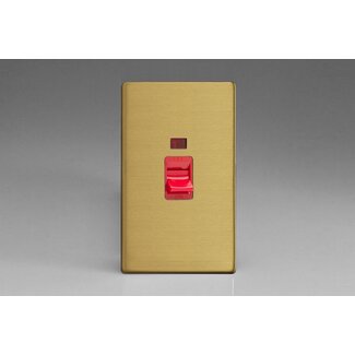 Varilight Screwless 45A Cooker Switch + Neon (Vertical Twin Plate, Red Rocker) Red Brushed Brass Red Insert