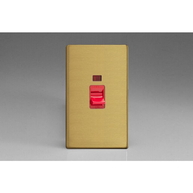 Varilight Screwless 45A Cooker Switch + Neon (Vertical Twin Plate, Red Rocker) Red Brushed Brass Red Insert