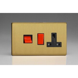 Varilight Screwless 45A Cooker Panel with 13A Double Pole Switched Socket Outlet (Red Rocker) Black Brushed Brass Black/Red Inserts