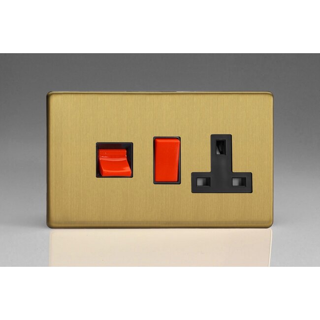 Varilight Screwless 45A Cooker Panel with 13A Double Pole Switched Socket Outlet (Red Rocker) Black Brushed Brass Black/Red Inserts