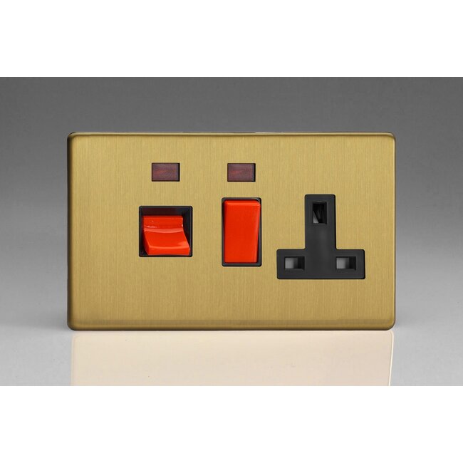 Varilight Screwless 45A Cooker Panel + Neon with 13A Double Pole Switched Socket Outlet (Red Rocker) Black Brushed Brass Black/Red Inserts