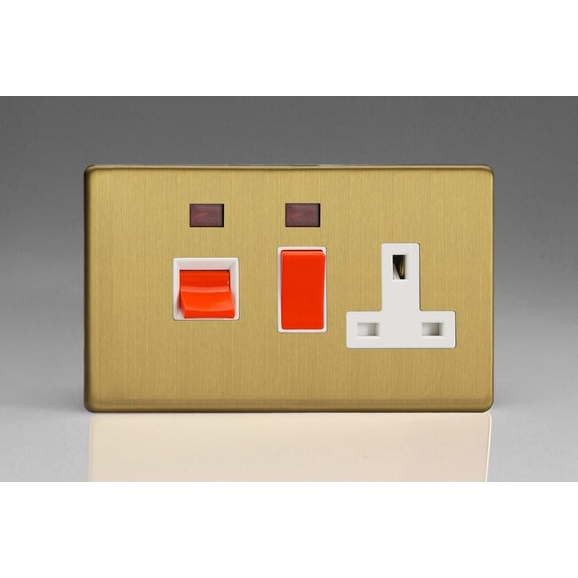 Varilight Screwless 45A Cooker Panel + Neon with 13A Double Pole Switched Socket Outlet (Red Rocker) White Brushed Brass White/Red Inserts