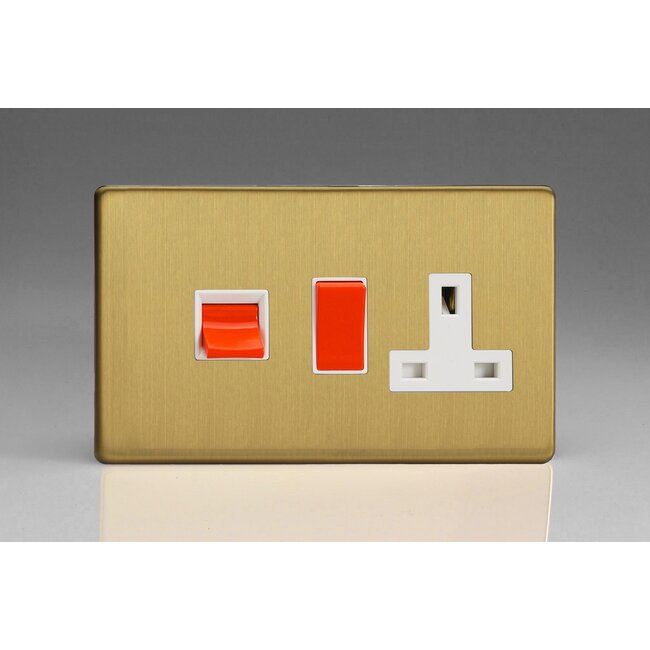 Varilight Screwless 45A Cooker Panel with 13A Double Pole Switched Socket Outlet (Red Rocker) White Brushed Brass White/Red Inserts