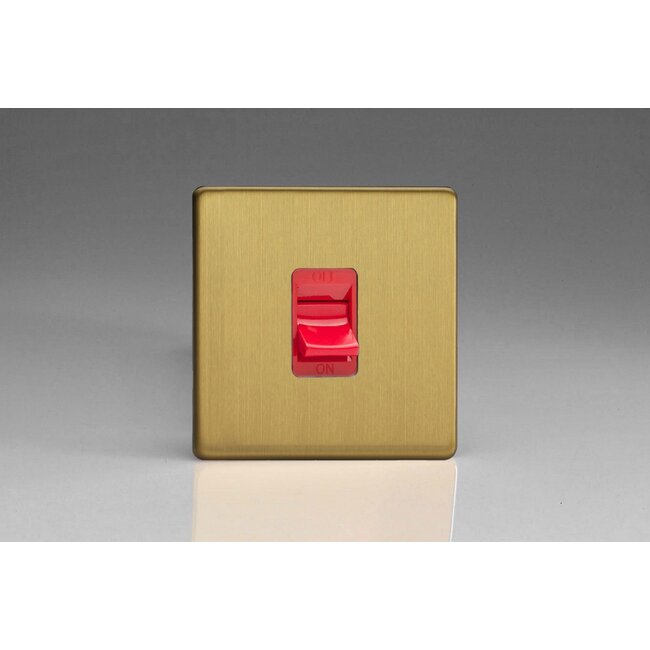 Varilight Screwless 45A Cooker Switch (Single Plate, Red Rocker) Red Brushed Brass Red Insert