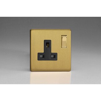 Varilight Screwless 1-Gang 13A Double Pole Switched Socket with Metal Rockers Black Brushed Brass Brass/Black Inserts