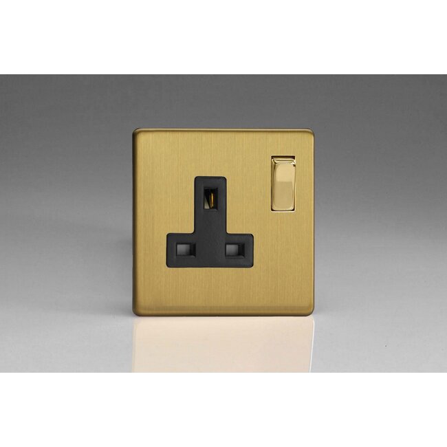 Varilight Screwless 1-Gang 13A Double Pole Switched Socket with Metal Rockers Black Brushed Brass Brass/Black Inserts