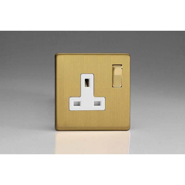 Varilight Screwless 1-Gang 13A Double Pole Switched Socket with Metal Rockers White Brushed Brass Brass/White Inserts