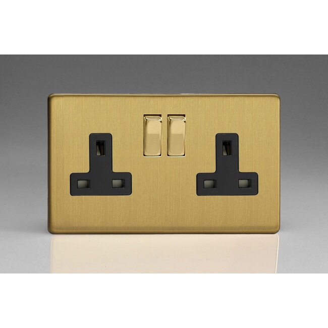 Varilight Screwless 2-Gang 13A Double Pole Switched Socket with Metal Rockers Black Brushed Brass Brass/Black Inserts