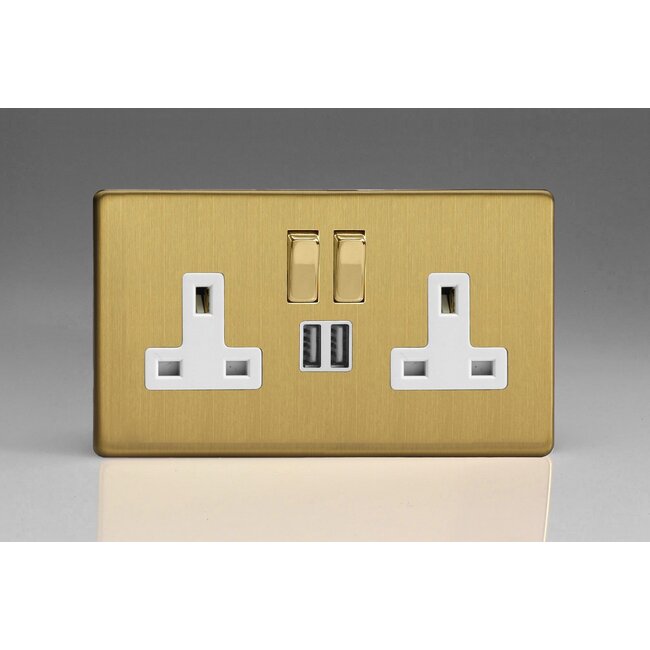 Varilight Screwless 2-Gang 13A Single Pole Switched Socket with Metal Rockers + 2x5V DC 2100mA USB Charging Ports  White Brushed Brass Brass/White Inserts