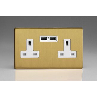Varilight Screwless 2-Gang 13A Unswitched Socket + 2x5V DC 2100mA USB Charging Ports White Brushed Brass White Inserts