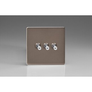 Varilight Screwless 3-Gang 10A 1- or 2-Way Toggle Switch Decorative Pewter Chrome Toggles