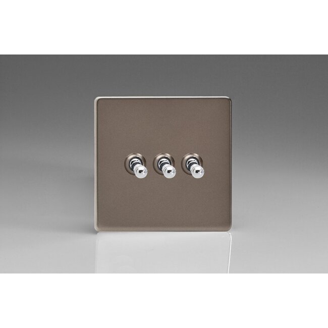 Varilight Screwless 3-Gang 10A 1- or 2-Way Toggle Switch Decorative Pewter Chrome Toggles