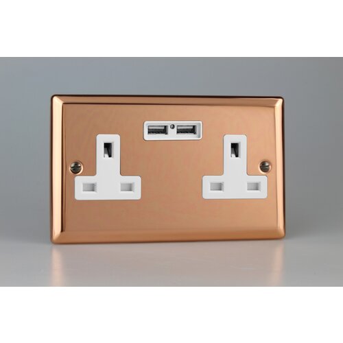 Varilight Urban 2-Gang 13A Unswitched Socket + 2x5V DC 2100mA USB Charging Ports White Polished Copper White Inserts Varilight Urban 2-Gang 13A Unswitched Socket + 2x5V DC 2100mA USB Charging Ports White Polished Copper White Inserts
