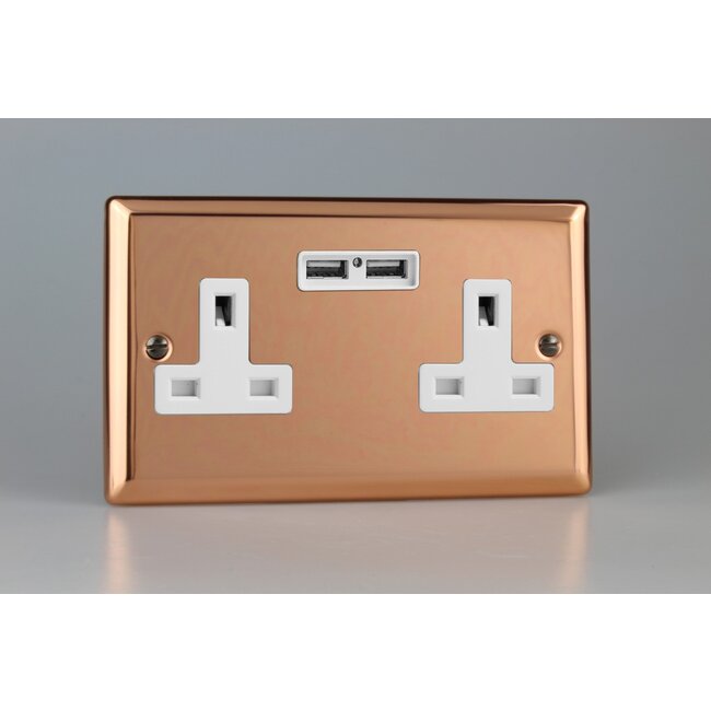 Varilight Urban 2-Gang 13A Unswitched Socket + 2x5V DC 2100mA USB Charging Ports White Polished Copper White Inserts