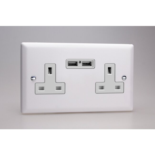 Varilight Urban 2-Gang 13A Unswitched Socket + 2 5V DC 2100mA USB Charging Ports White Chalk White White