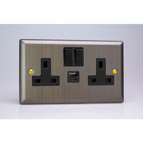 Varilight Urban 2-Gang 13A Single Pole Switched Socket + 1x USB A + 1 x USB C Charging Ports Black Antique Brass Black Varilight Urban 2-Gang 13A Single Pole Switched Socket + 1x USB A + 1 x USB C Charging Ports Black Antique Brass Black