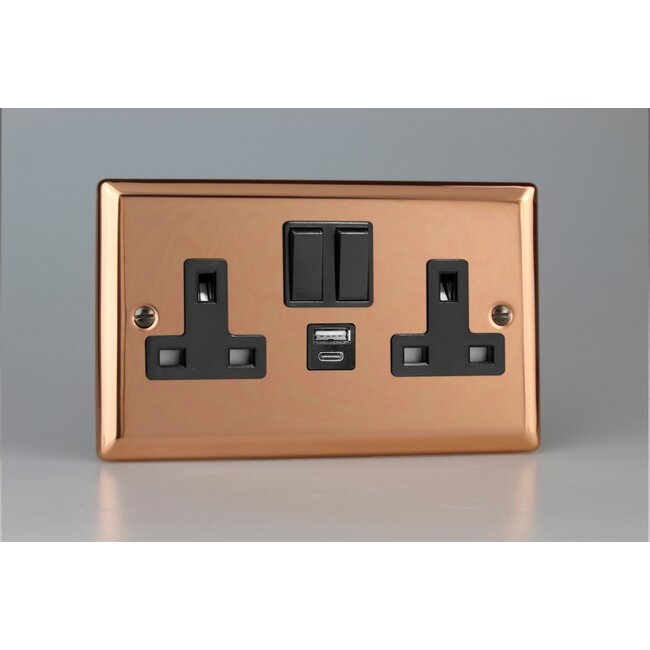 Varilight Urban 2-Gang 13A Single Pole Switched Socket with 1x USB A & 1x USB C Charging Ports Black Polished Copper Black Insert