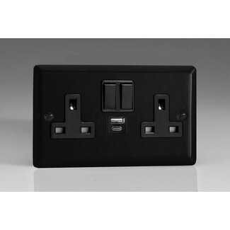 Varilight Urban 2-Gang 13A Single Pole Switched Socket with 1x USB A & 1x USB C Charging Ports Black Matt Black Black Insert