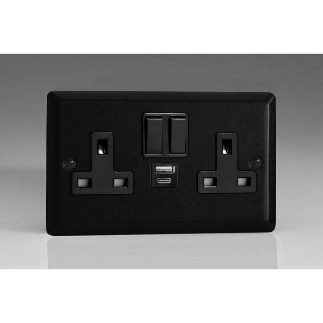 Varilight Urban 2-Gang 13A Single Pole Switched Socket with 1x USB A & 1x USB C Charging Ports Black Matt Black Black Insert