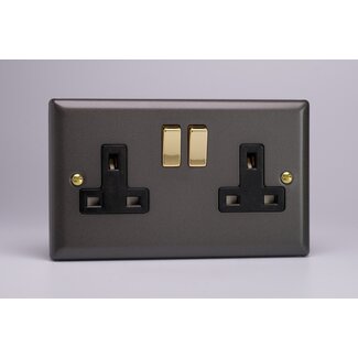 Varilight Vogue 2-Gang 13A Double Pole Switched Socket with Metal Rockers Black/Brass Slate Black/Brass