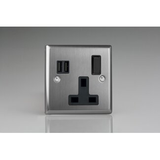 Varilight Classic 1-Gang 13A Single Pole Switched Socket + 2x5V DC 3400mA USB Charging Ports  Black Brushed Steel Black Inserts