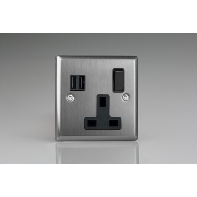 Varilight Classic 1-Gang 13A Single Pole Switched Socket + 2x5V DC 3400mA USB Charging Ports  Black Brushed Steel Black Inserts