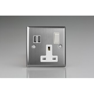 Varilight Classic 1-Gang 13A Single Pole Switched Socket + 2x5V DC 3400mA USB Charging Ports  White Brushed Steel White Inserts