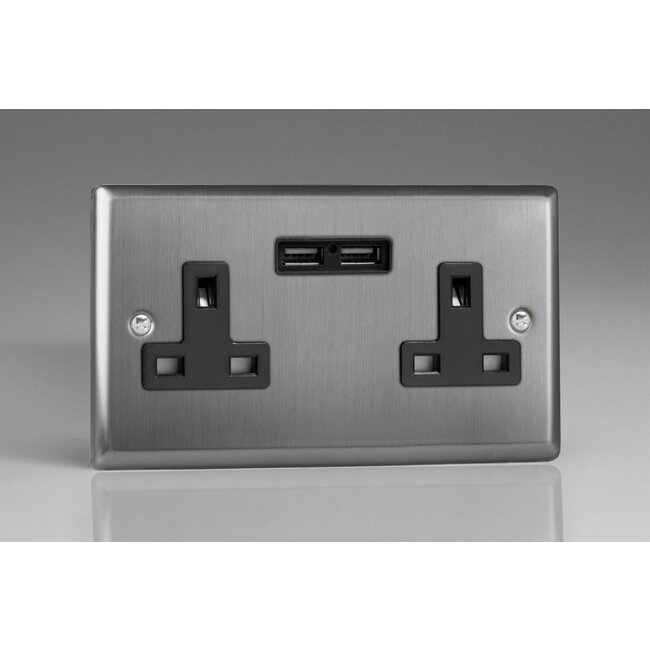 Varilight Classic 2-Gang 13A Unswitched Socket + 2x5V DC 2100mA USB Charging Ports Black Brushed Steel Black Inserts