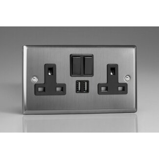 Varilight Classic 2-Gang 13A Single Pole Switched Socket + 2x5V DC 2100mA USB Charging Ports  Black Brushed Steel Black Inserts