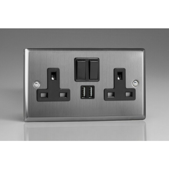 Varilight Classic 2-Gang 13A Single Pole Switched Socket + 2x5V DC 2100mA USB Charging Ports  Black Brushed Steel Black Inserts