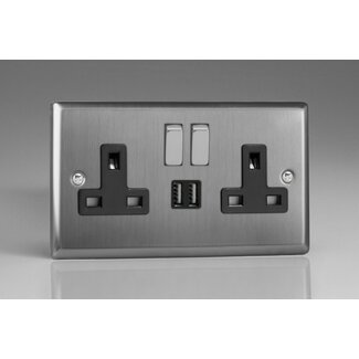 Varilight Classic 2-Gang 13A Single Pole Switched Socket with Metal Rockers + 2x5V DC 2100mA USB Charging Ports  Black Brushed Steel Steel/Black Inserts