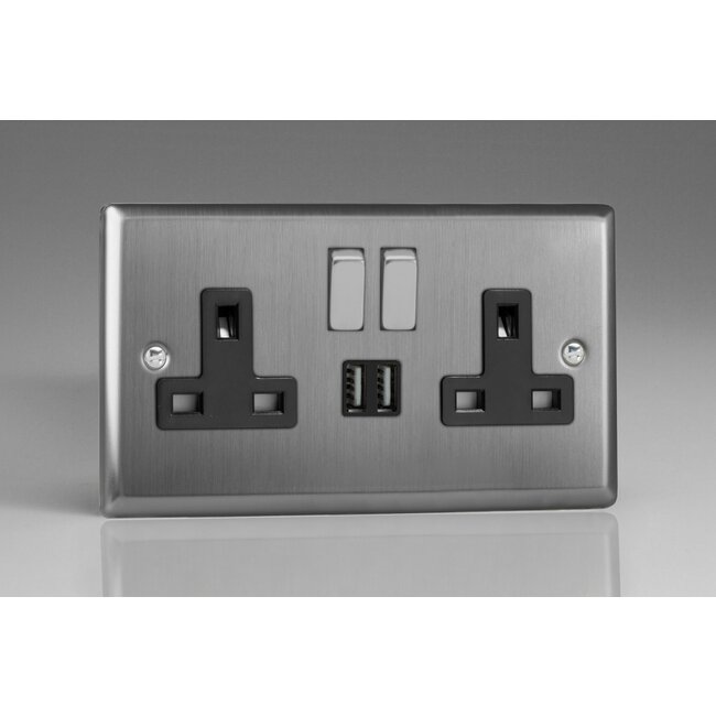 Varilight Classic 2-Gang 13A Single Pole Switched Socket with Metal Rockers + 2x5V DC 2100mA USB Charging Ports  Black Brushed Steel Steel/Black Inserts