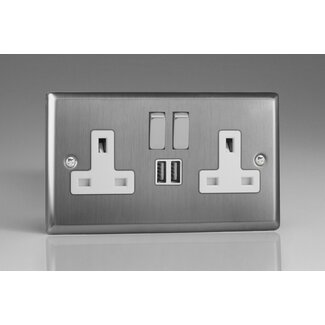 Varilight Classic 2-Gang 13A Single Pole Switched Socket with Metal Rockers + 2x5V DC 2100mA USB Charging Ports  White Brushed Steel Steel/White Inserts