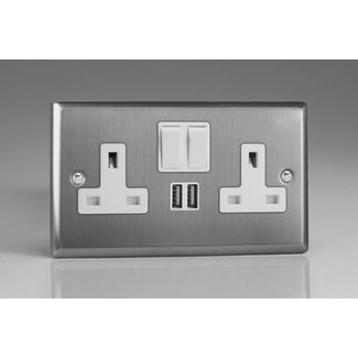 Varilight Classic 2-Gang 13A Single Pole Switched Socket + 2x5V DC 2100mA USB Charging Ports  White Brushed Steel White Inserts