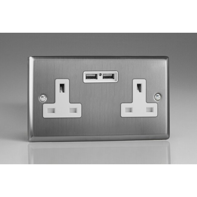 Varilight Classic 2-Gang 13A Unswitched Socket + 2x5V DC 2100mA USB Charging Ports White Brushed Steel White Inserts