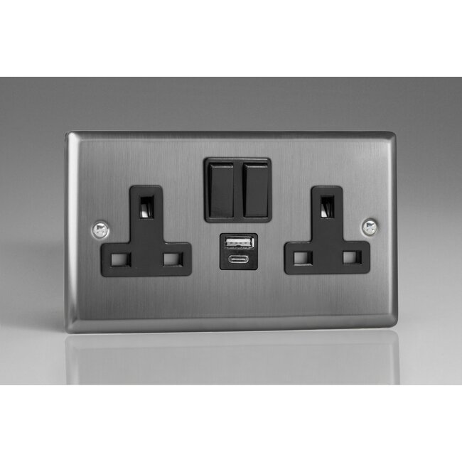 Varilight Classic 2-Gang 13A Single Pole Switched Socket with 1x USB A & 1x USB C Charging Ports Black Brushed Steel Black Insert