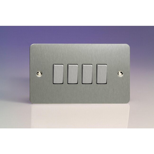 Varilight Ultraflat 4-Gang 10A 1- or 2-Way Rocker Switch (Twin Plate) Decorative Brushed Steel Steel Rockers