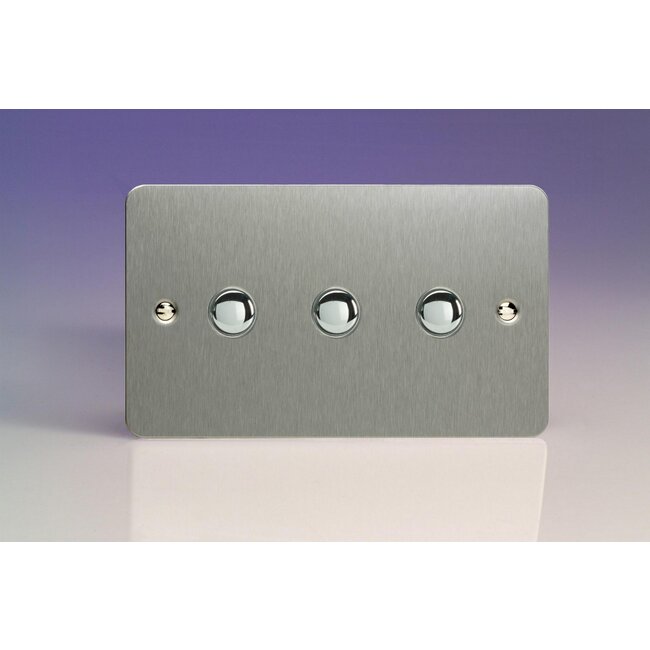 Varilight Ultraflat 3-Gang 6A 1- or 2-Way Push-On/Off Impulse Switch (Twin Plate) Decorative Brushed Steel Chrome Buttons