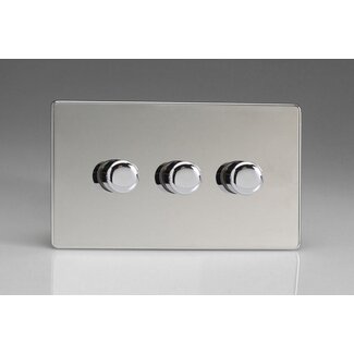 Varilight Screwless 3-Gang 2-Way Push-On/Off Rotary LED Dimmer 3 x 0-120W (1-10 LEDs) (Twin Plate) V-Pro Polished Chrome Chrome Knobs