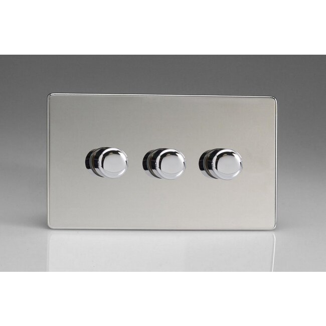 Varilight Screwless 3-Gang 2-Way Push-On/Off Rotary LED Dimmer 3 x 0-120W (1-10 LEDs) (Twin Plate) V-Pro Polished Chrome Chrome Knobs