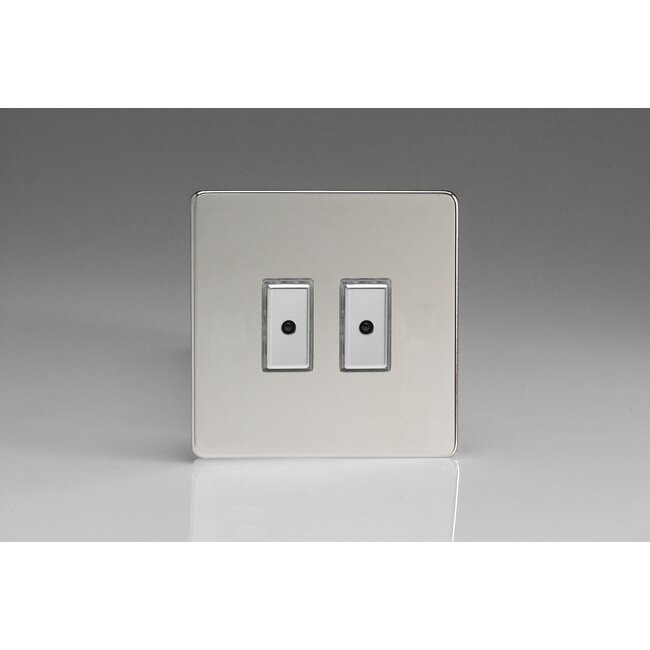 Varilight Screwless 2-Gang 1-Way V-Pro Multi-Point Remote/Tactile Touch Control Master LED Dimmer 2 x 0-100W (1-10 LEDs) V-Pro Multi-Point Remote (formerly Eclique2) Polished Chrome Chrome Buttons