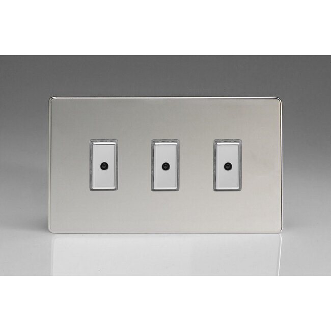 Varilight Screwless 3-Gang 1-Way V-Pro Multi-Point Remote/Tactile Touch Control Master LED Dimmer 3 x 0-100W (1-10 LEDs) (Twin Plate) V-Pro Multi-Point Remote (formerly Eclique2) Polished Chrome Chrome Buttons
